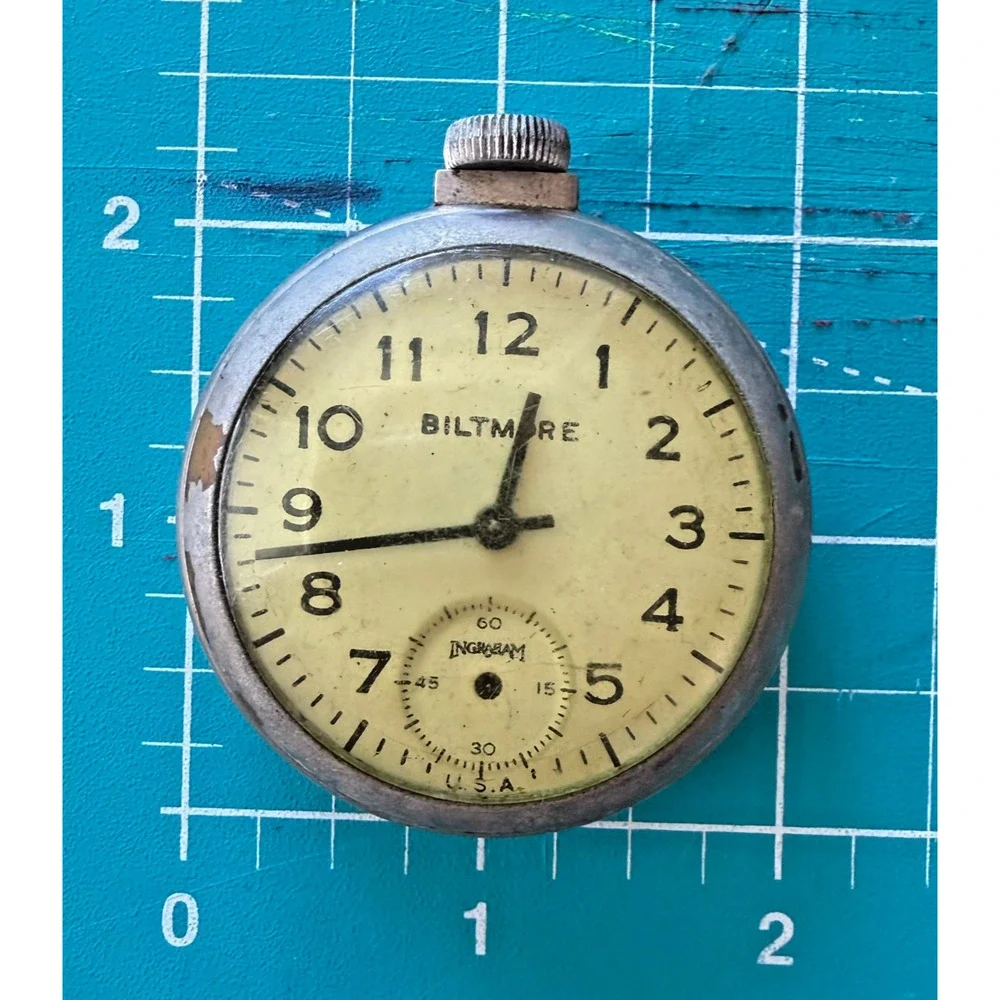 Vintage Ingraham Biltmore Pocket Watch USA Parts Repair Missing Hand Bow